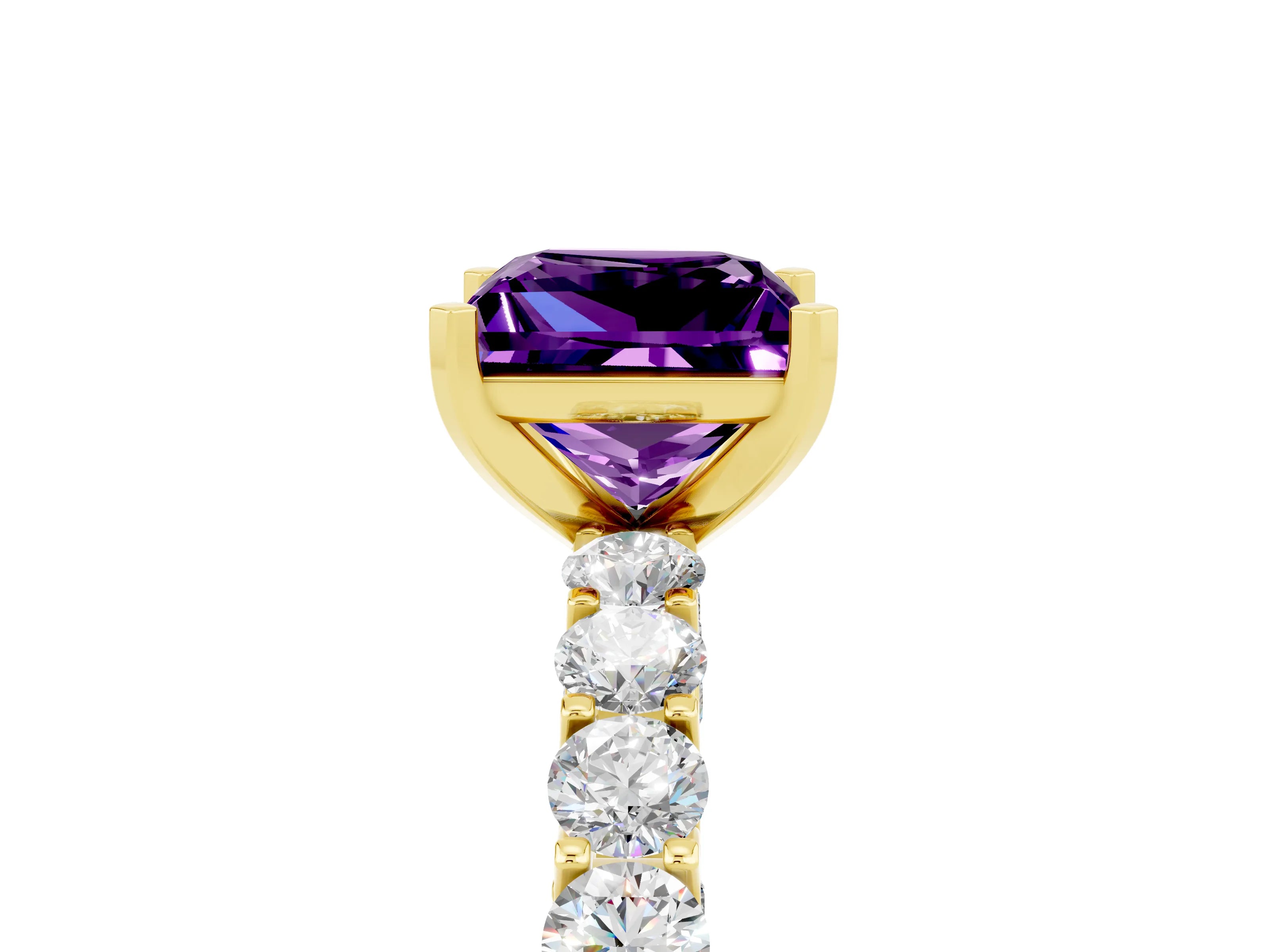 Yellow gold Princess Cut Amethyst Solitaire Ring with Shared Prong Pavé Band and Four-Prong Setting_5