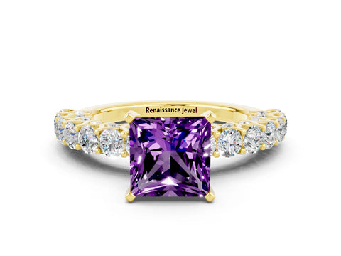 Yellow gold Princess Cut Amethyst Solitaire Ring with Shared Prong Pavé Band and Four-Prong Setting