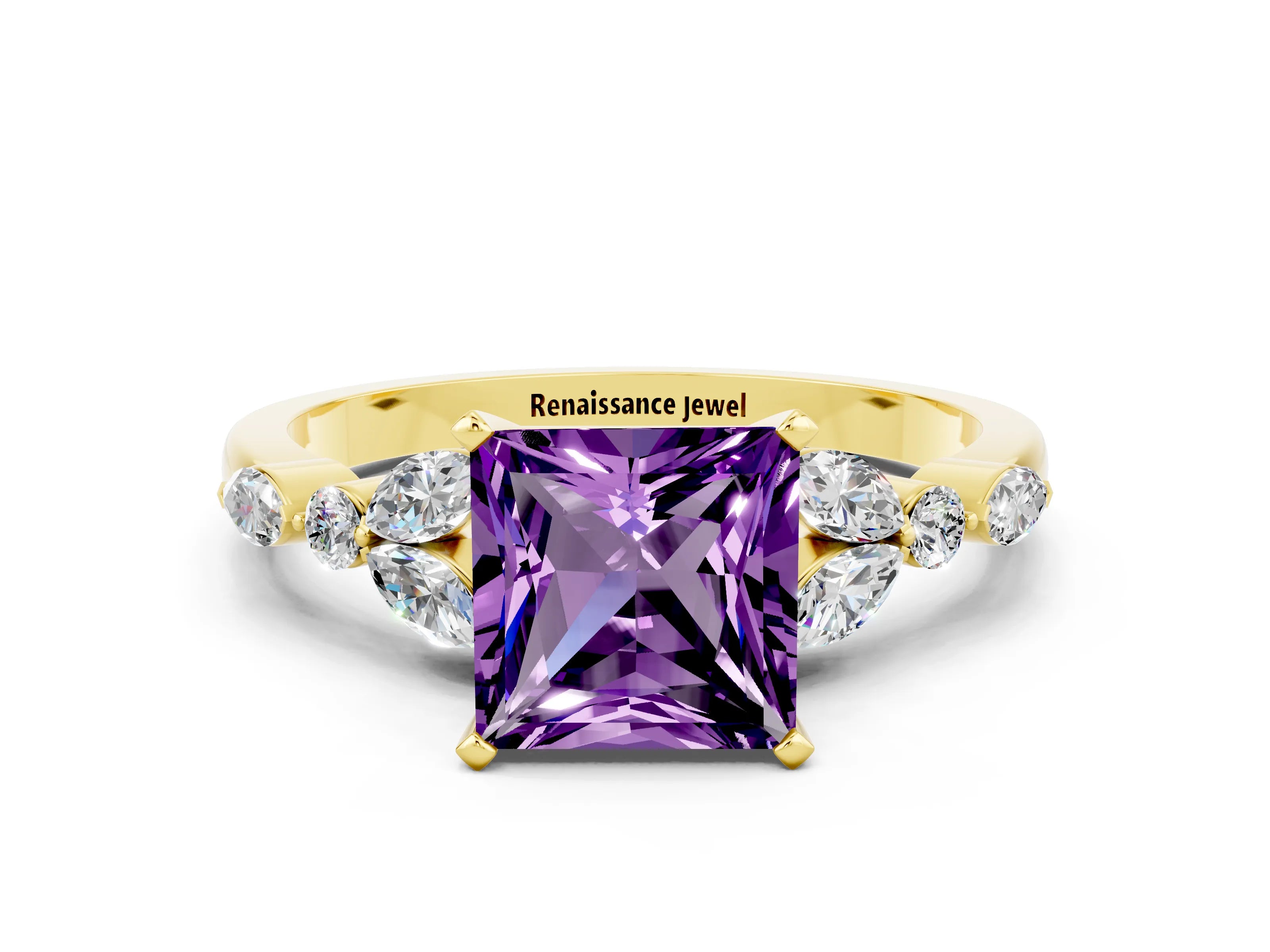 Yellow gold Princess Cut Amethyst Solitaire Ring with Side Stones and Four-Prong Setting_12