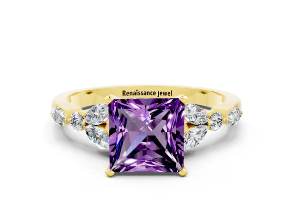 Yellow gold Princess Cut Amethyst Solitaire Ring with Side Stones and Four-Prong Setting