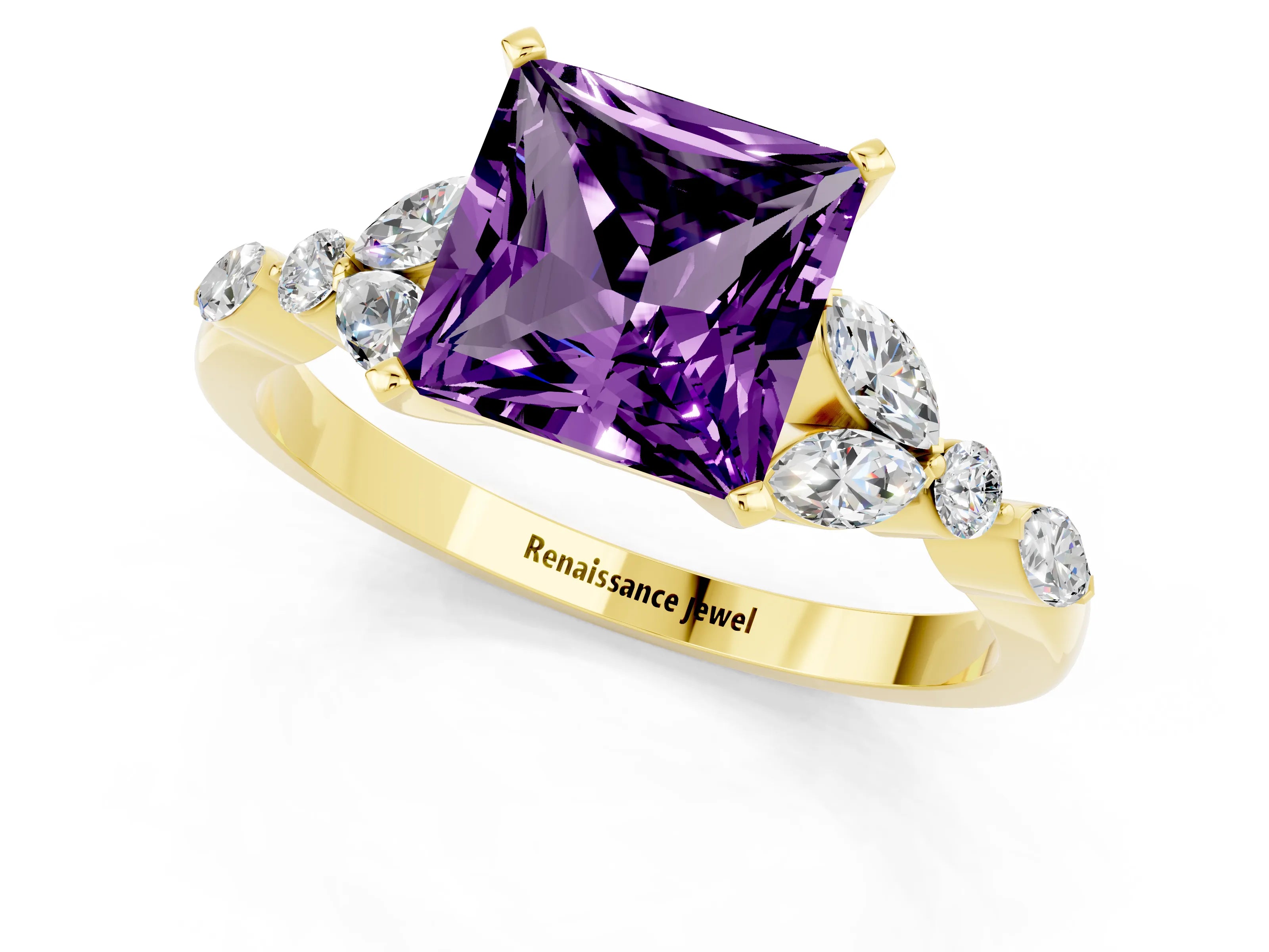 Yellow gold Princess Cut Amethyst Solitaire Ring with Side Stones and Four-Prong Setting_13