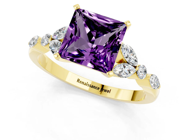 Yellow gold Princess Cut Amethyst Solitaire Ring with Side Stones and Four-Prong Setting