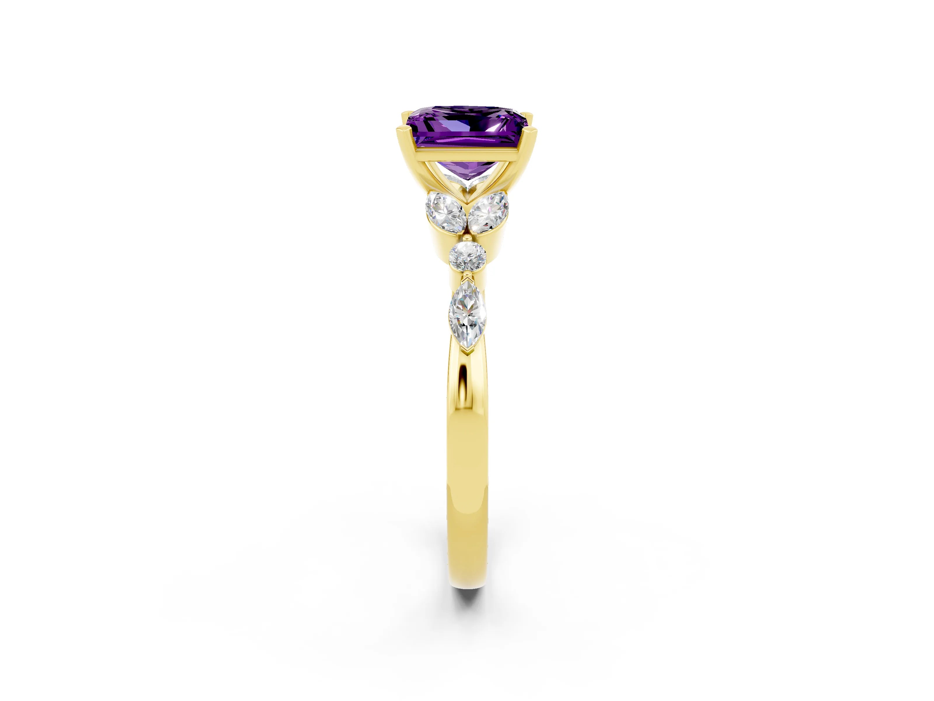 Yellow gold Princess Cut Amethyst Solitaire Ring with Side Stones and Four-Prong Setting_14