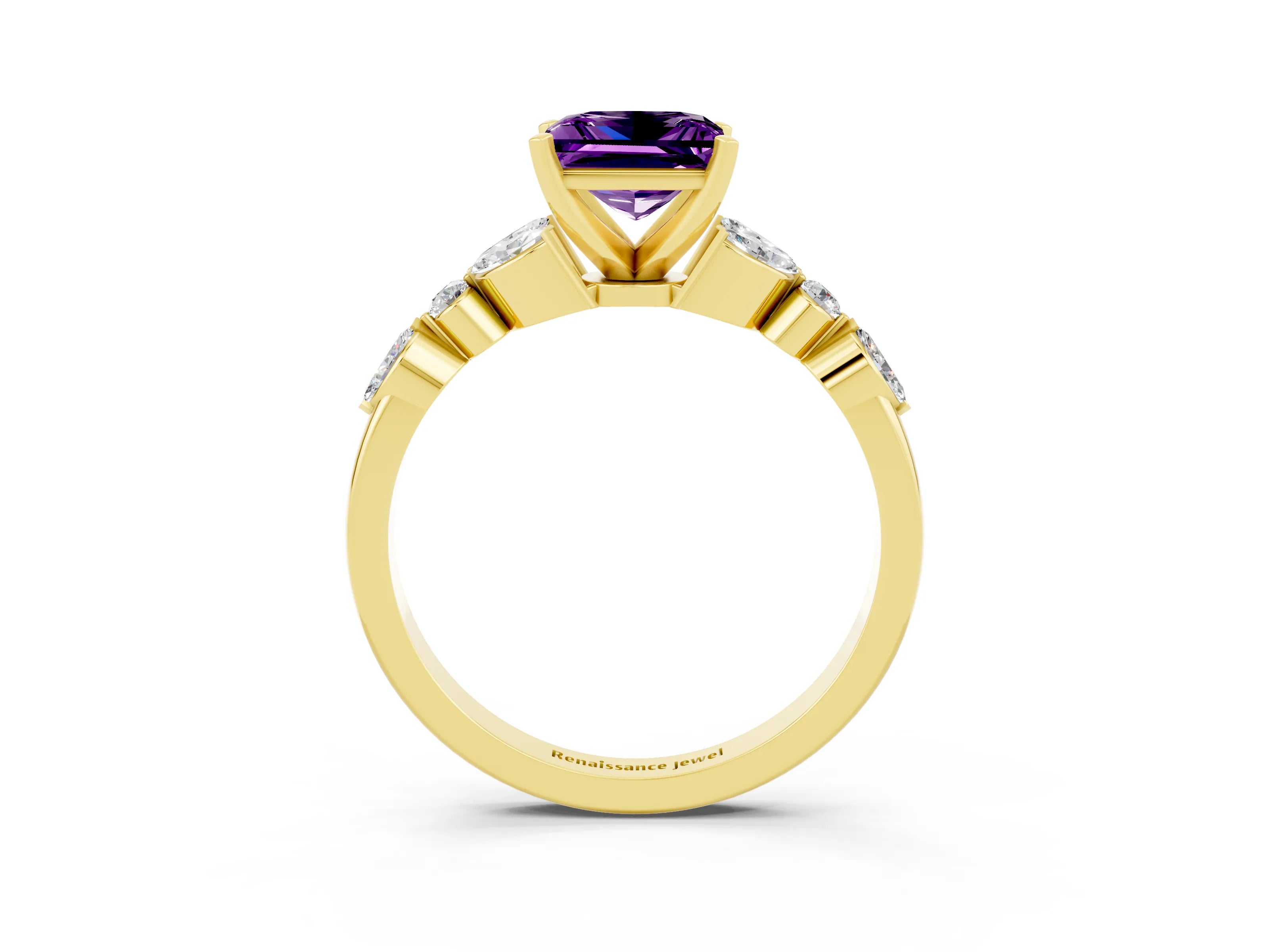 Yellow gold Princess Cut Amethyst Solitaire Ring with Side Stones and Four-Prong Setting_15