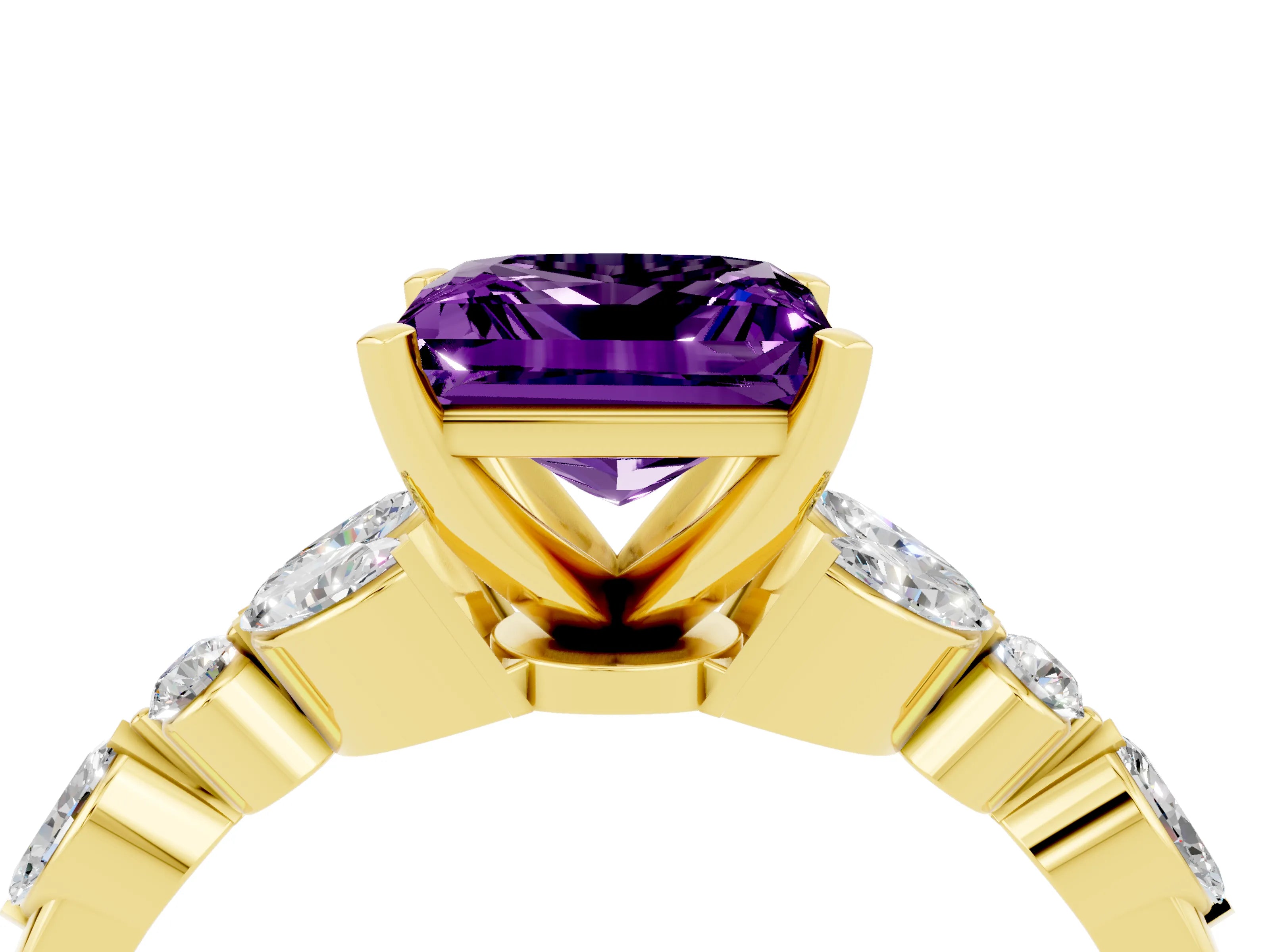 Yellow gold Princess Cut Amethyst Solitaire Ring with Side Stones and Four-Prong Setting_16