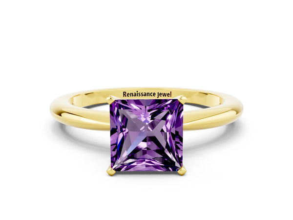 Yellow gold Princess Cut Amethyst Solitaire Ring with Six-Prong Setting and Classic Band