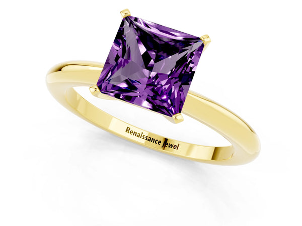 Yellow gold Princess Cut Amethyst Solitaire Ring with Six-Prong Setting and Classic Band
