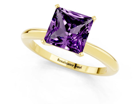 Yellow gold Princess Cut Amethyst Solitaire Ring with Six-Prong Setting and Classic Band_1