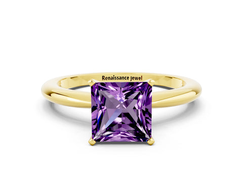 Yellow gold Princess Cut Amethyst Solitaire Ring with Six-Prong Setting and Classic Band
