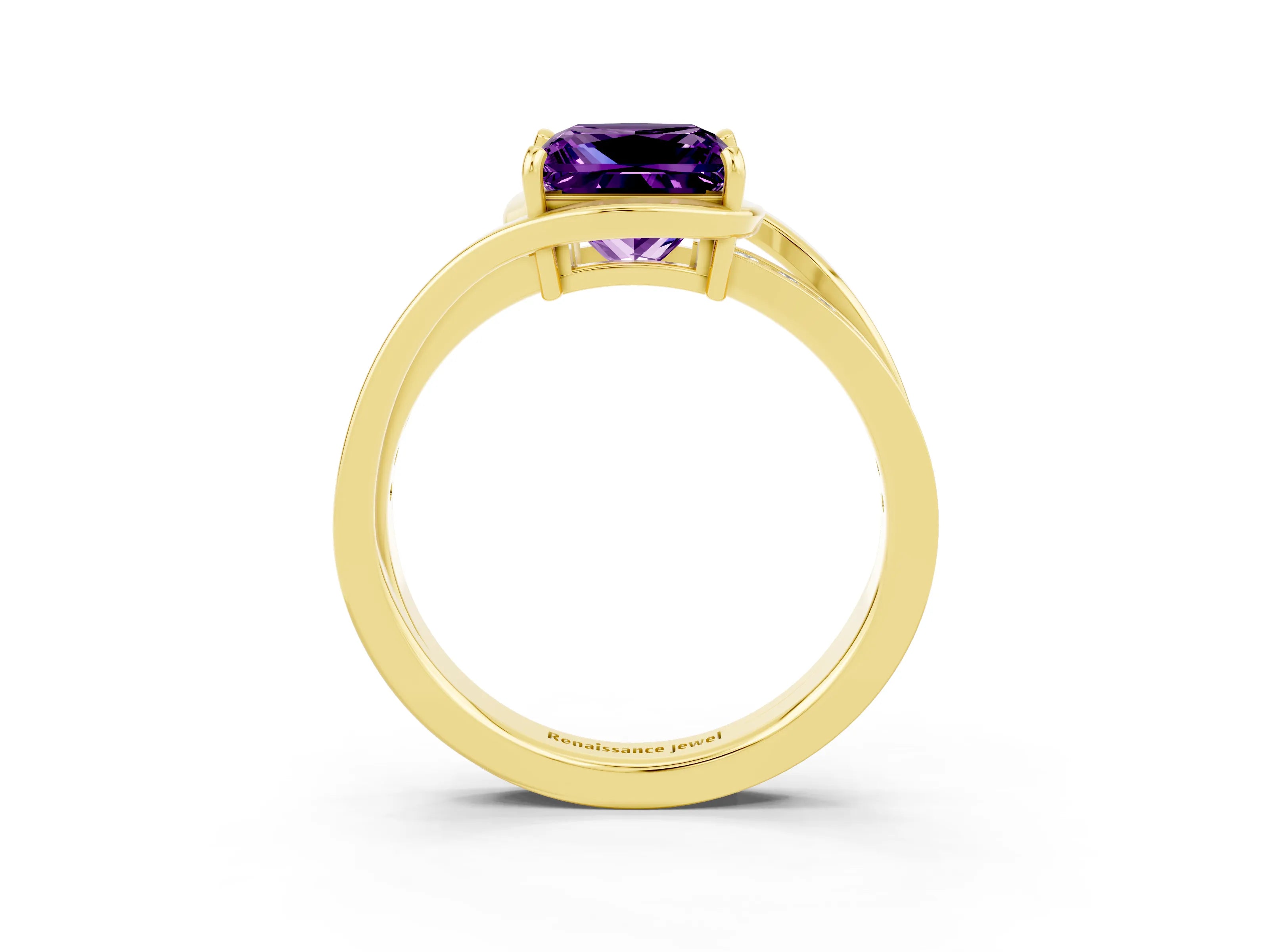 Yellow gold Princess Cut Amethyst Solitaire Ring with Split Shank and Prong Setting_3