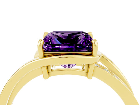 Yellow gold Princess Cut Amethyst Solitaire Ring with Split Shank and Prong Setting_4