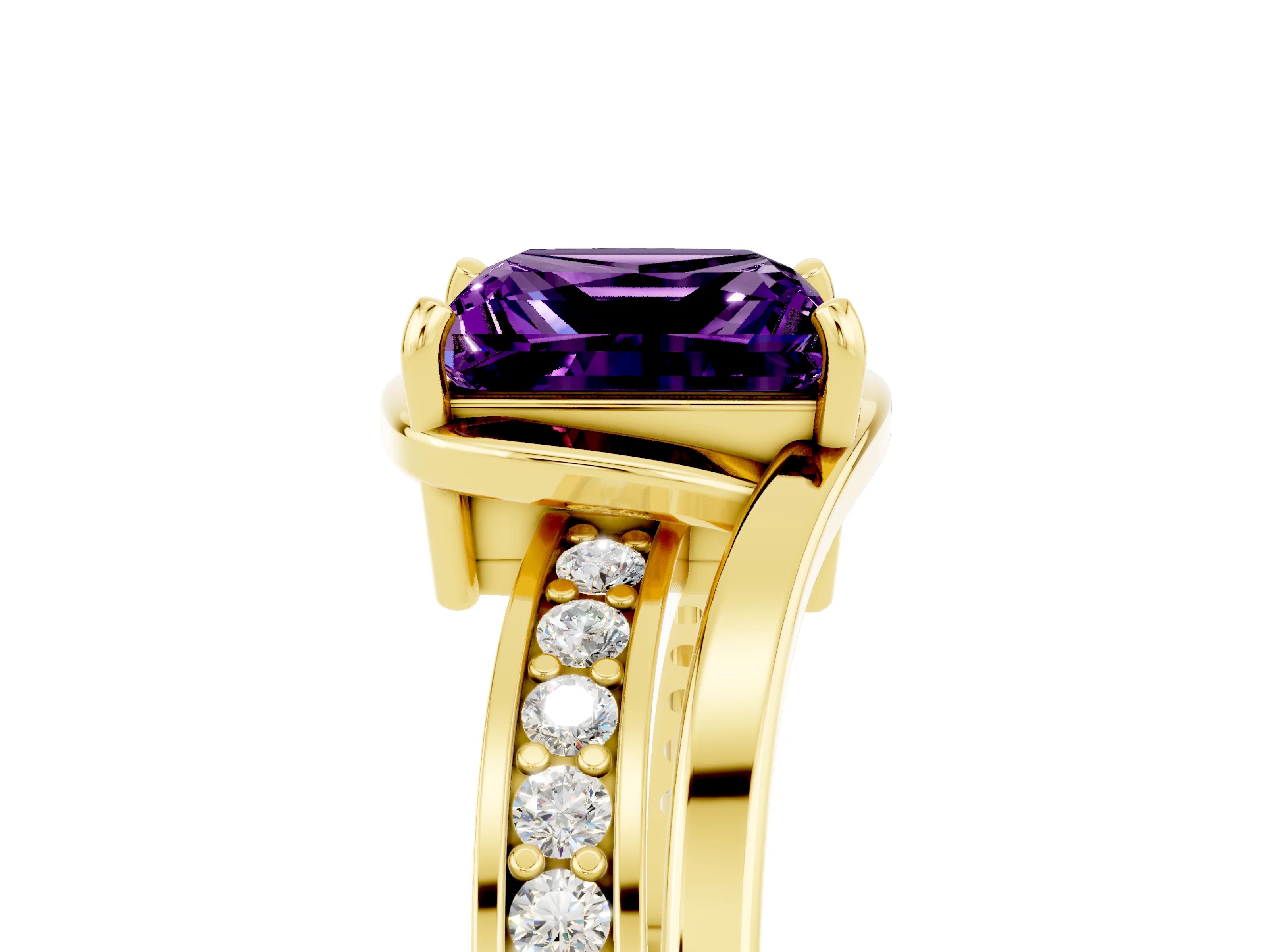 Yellow gold Princess Cut Amethyst Solitaire Ring with Split Shank and Prong Setting_5