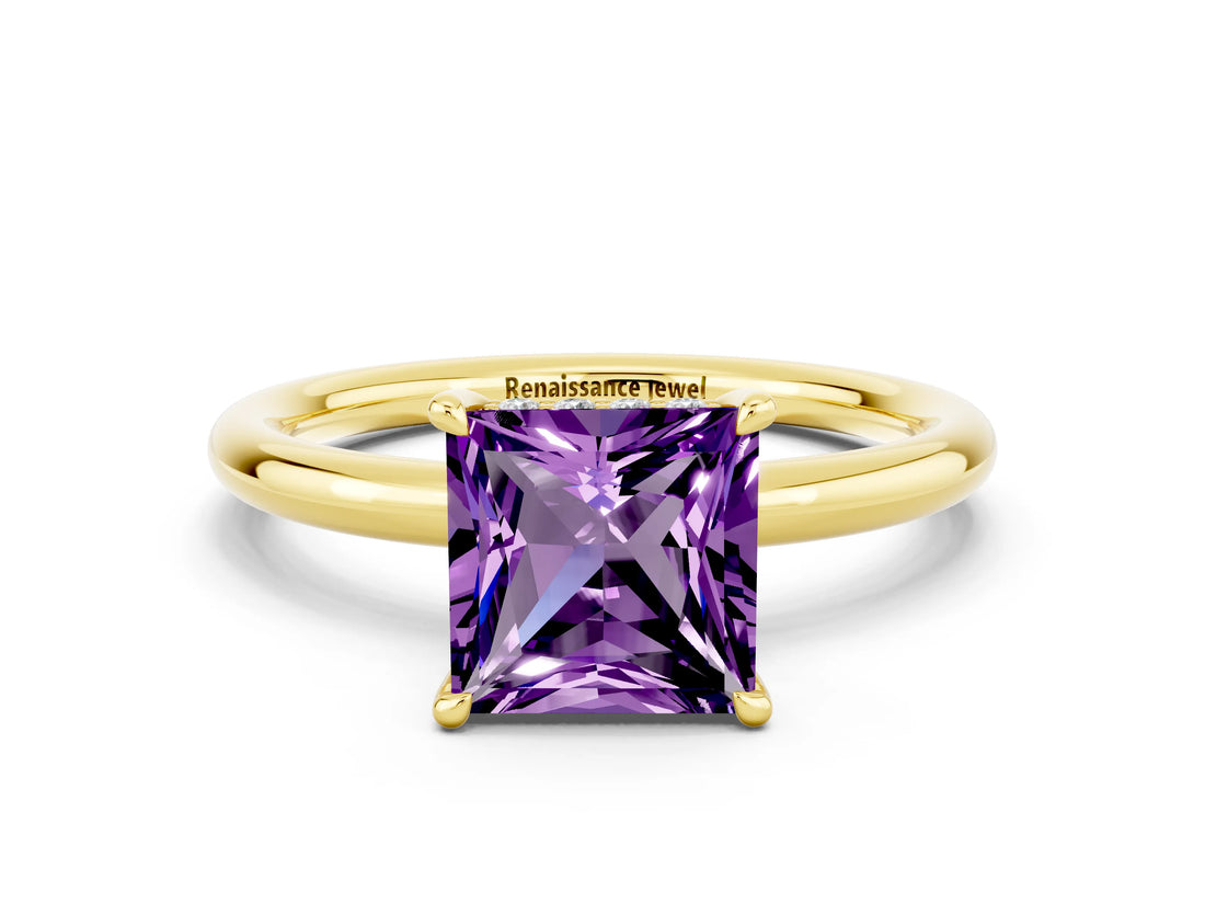 Yellow gold Princess Cut Amethyst Solitaire Ring with Thin Band and Four-Prong Setting
