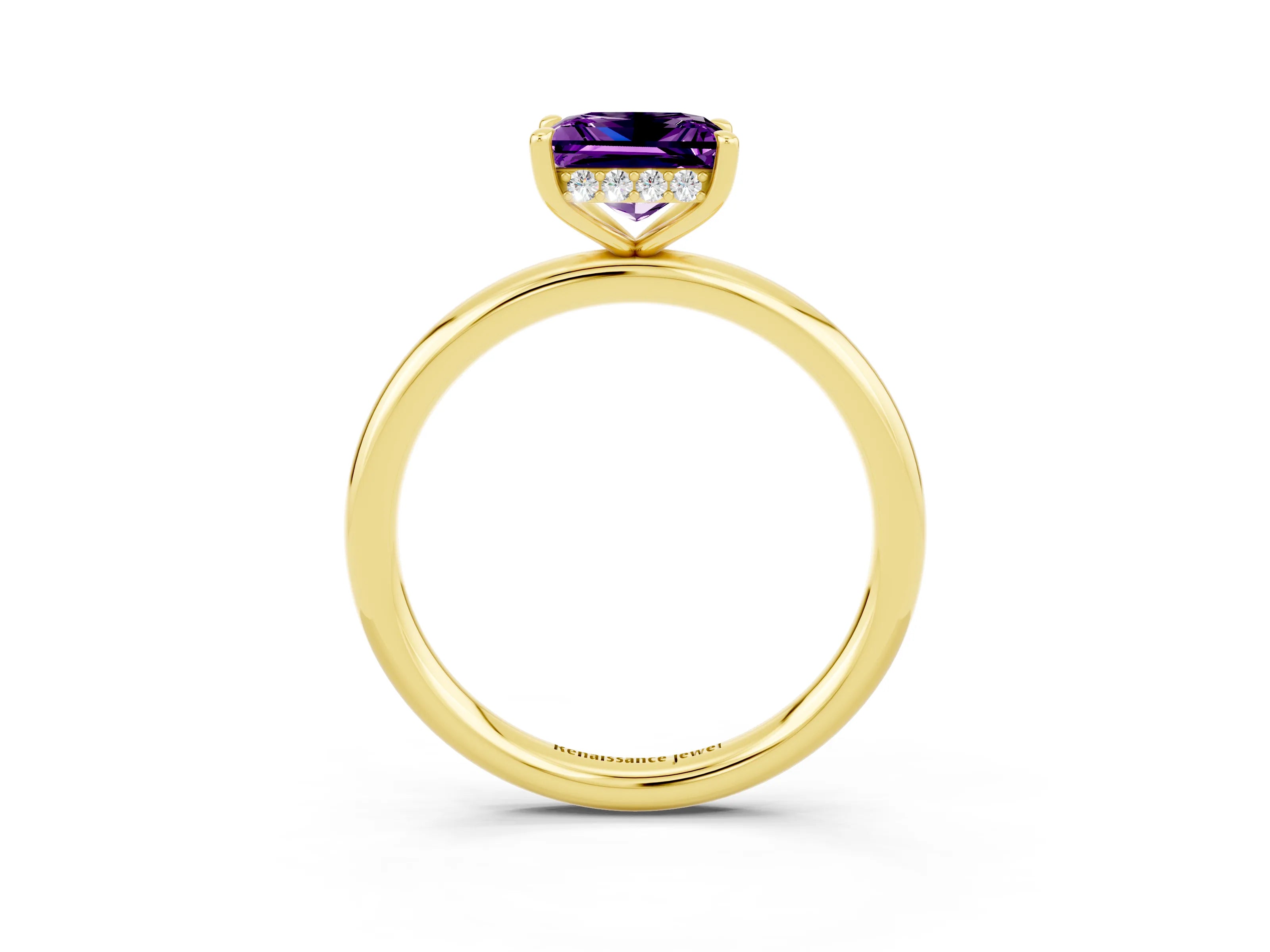Yellow gold Princess Cut Amethyst Solitaire Ring with Thin Band and Four-Prong Setting_3