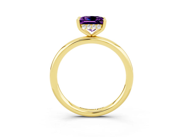 Yellow gold Princess Cut Amethyst Solitaire Ring with Thin Band and Four-Prong Setting