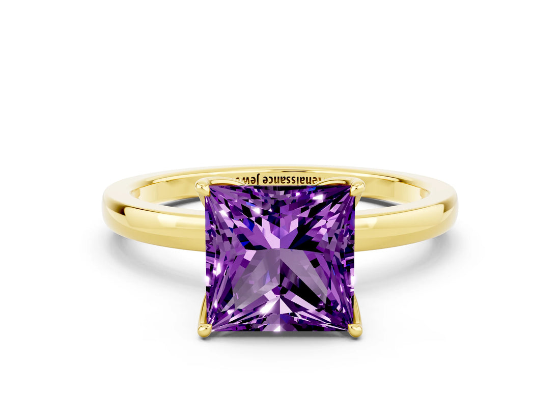 Yellow gold Princess Cut Amethyst Solitaire Ring with Thin Band and Prong Setting_12