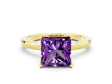 Yellow gold Princess Cut Amethyst Solitaire Ring with Thin Band and Prong Setting_12
