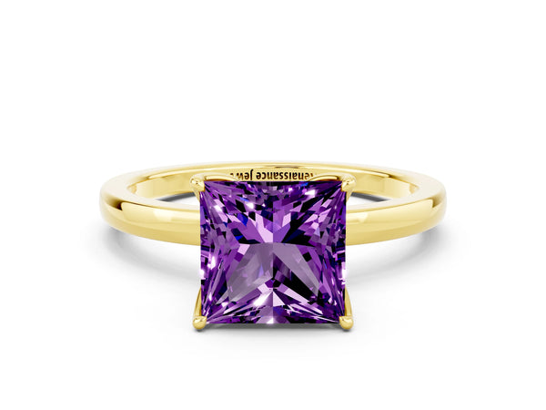 Yellow gold Princess Cut Amethyst Solitaire Ring with Thin Band and Prong Setting