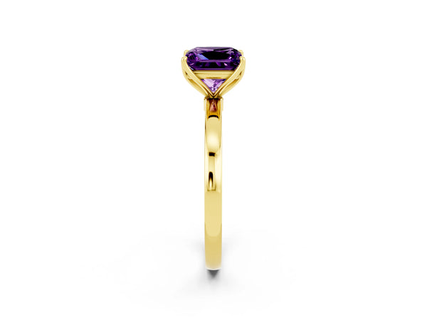 Yellow gold Princess Cut Amethyst Solitaire Ring with Thin Band and Prong Setting