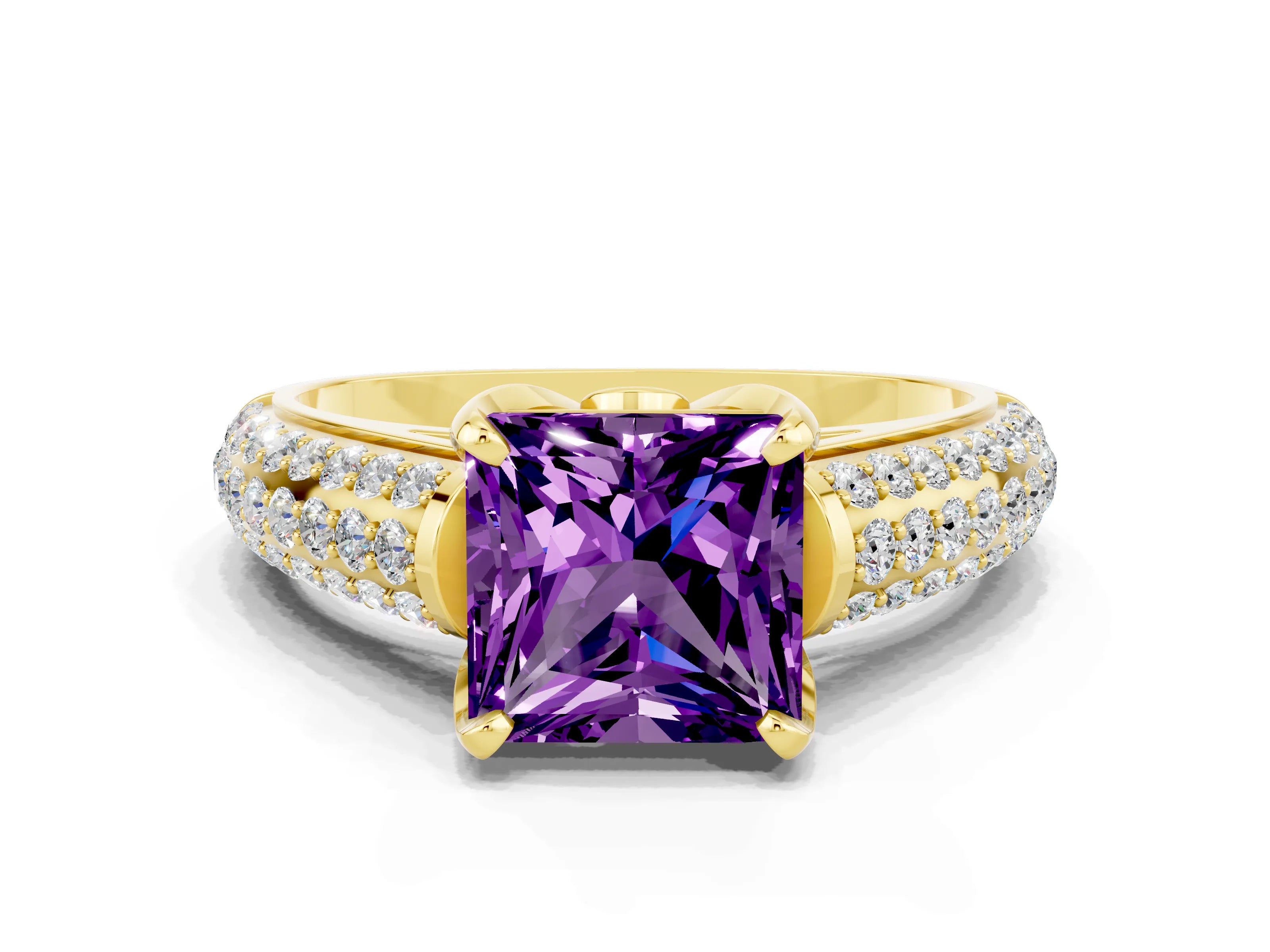 Yellow gold Princess Cut Amethyst Solitaire Ring with Three-Row Pavé Band and Four-Prong Setting_12