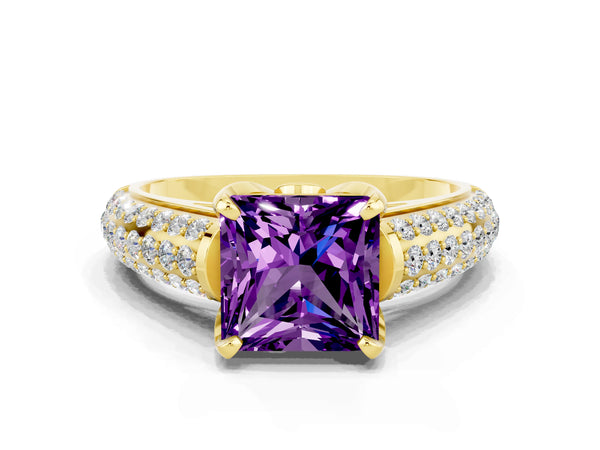 Yellow gold Princess Cut Amethyst Solitaire Ring with Three-Row Pavé Band and Four-Prong Setting