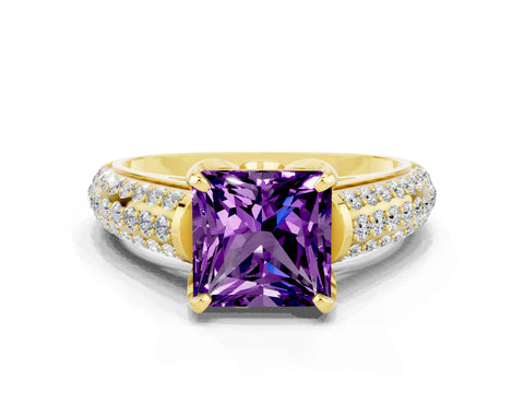 Yellow gold Princess Cut Amethyst Solitaire Ring with Three-Row Pavé Band and Four-Prong Setting_12