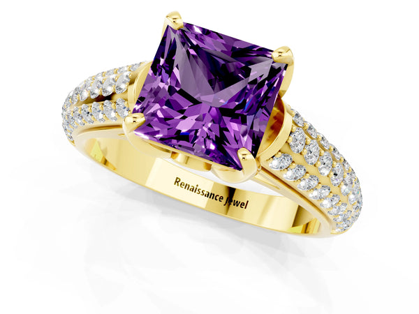 Yellow gold Princess Cut Amethyst Solitaire Ring with Three-Row Pavé Band and Four-Prong Setting