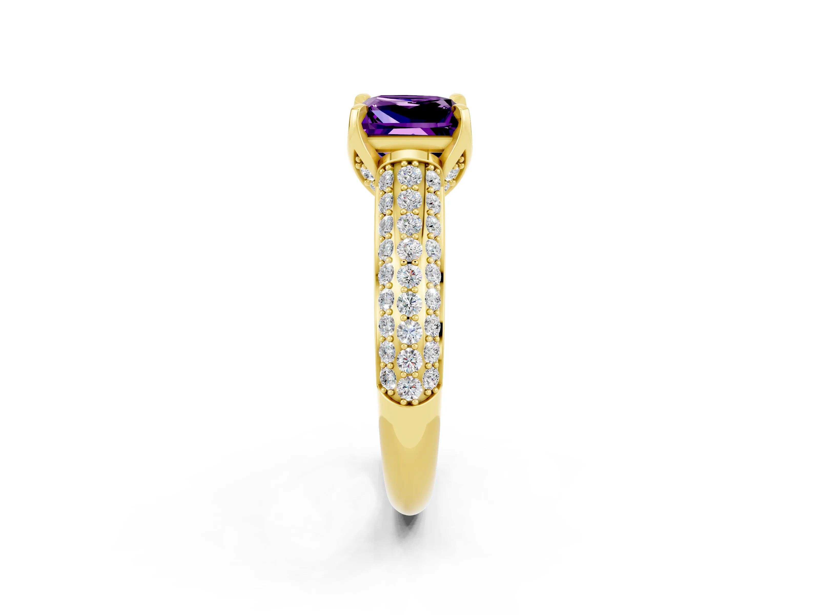 Yellow gold Princess Cut Amethyst Solitaire Ring with Three-Row Pavé Band and Four-Prong Setting_14