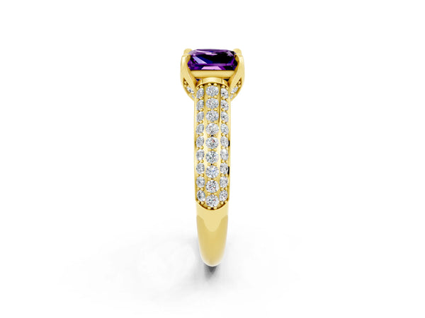 Yellow gold Princess Cut Amethyst Solitaire Ring with Three-Row Pavé Band and Four-Prong Setting