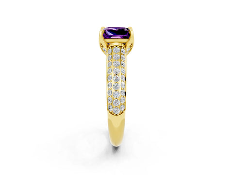 Yellow gold Princess Cut Amethyst Solitaire Ring with Three-Row Pavé Band and Four-Prong Setting_14