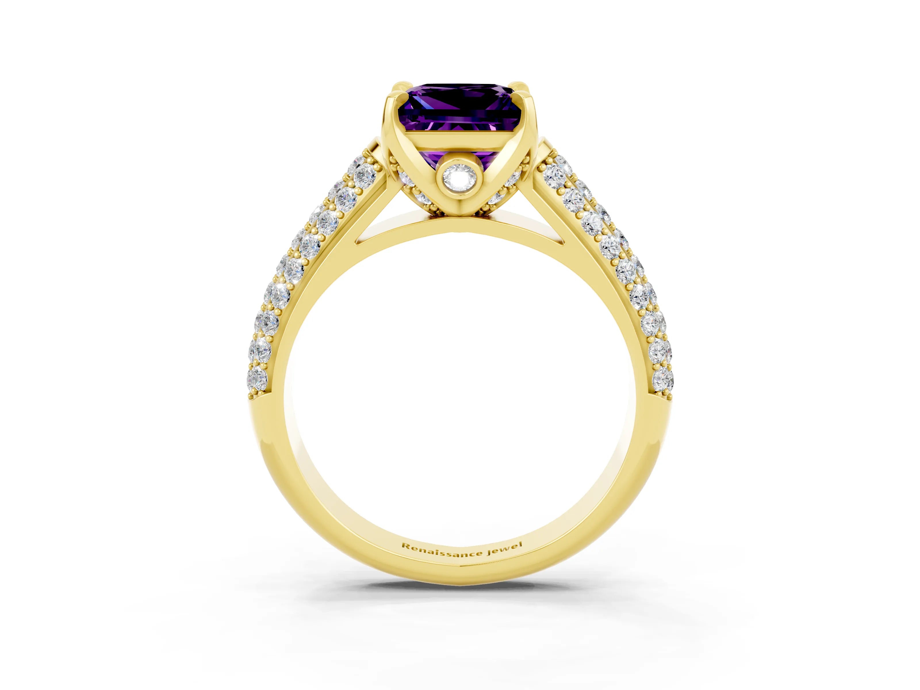 Yellow gold Princess Cut Amethyst Solitaire Ring with Three-Row Pavé Band and Four-Prong Setting_15