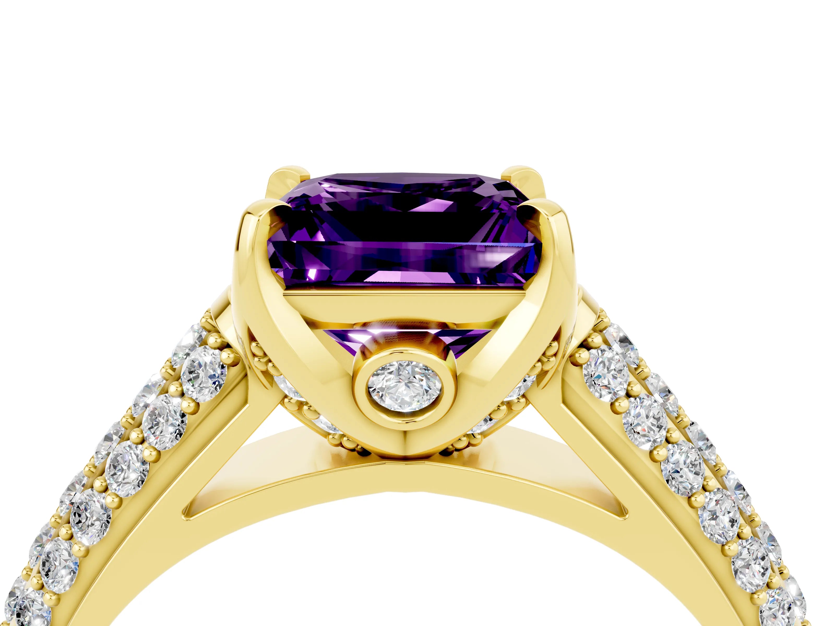 Yellow gold Princess Cut Amethyst Solitaire Ring with Three-Row Pavé Band and Four-Prong Setting_16