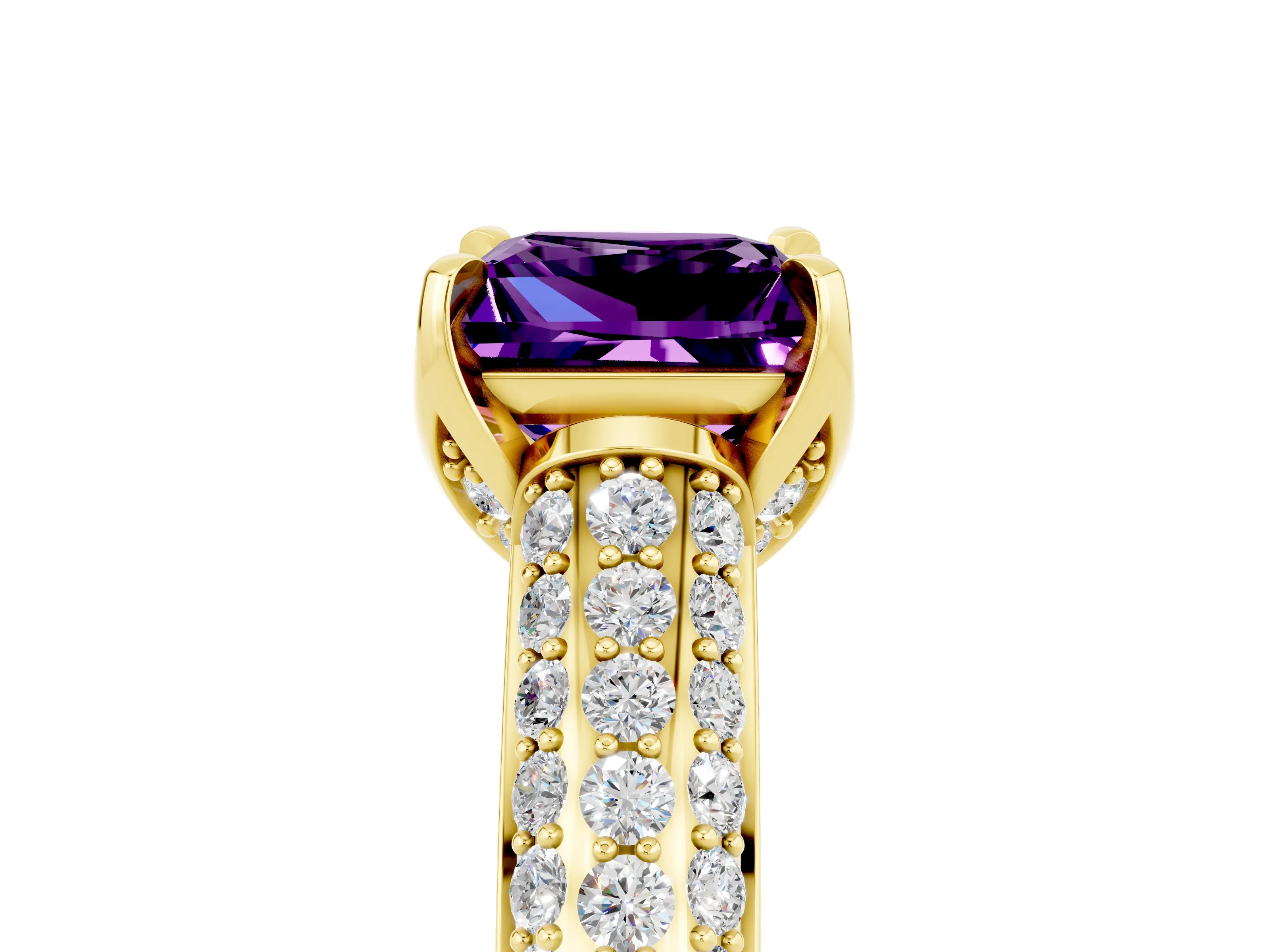 Yellow gold Princess Cut Amethyst Solitaire Ring with Three-Row Pavé Band and Four-Prong Setting_17