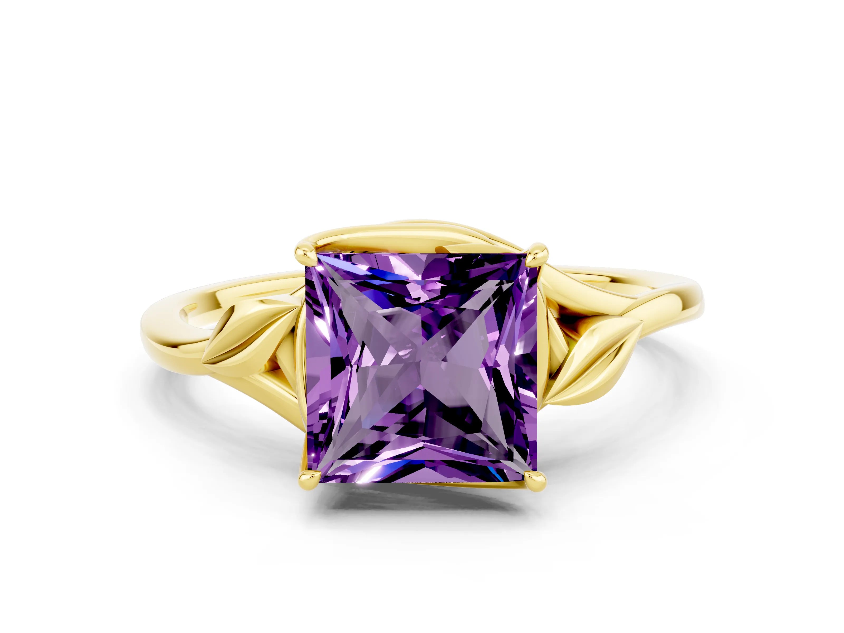 Yellow gold Princess Cut Amethyst Solitaire Ring with Twist Band and Four-Prong Setting_24