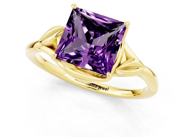 Yellow gold Princess Cut Amethyst Solitaire Ring with Twist Band and Four-Prong Setting