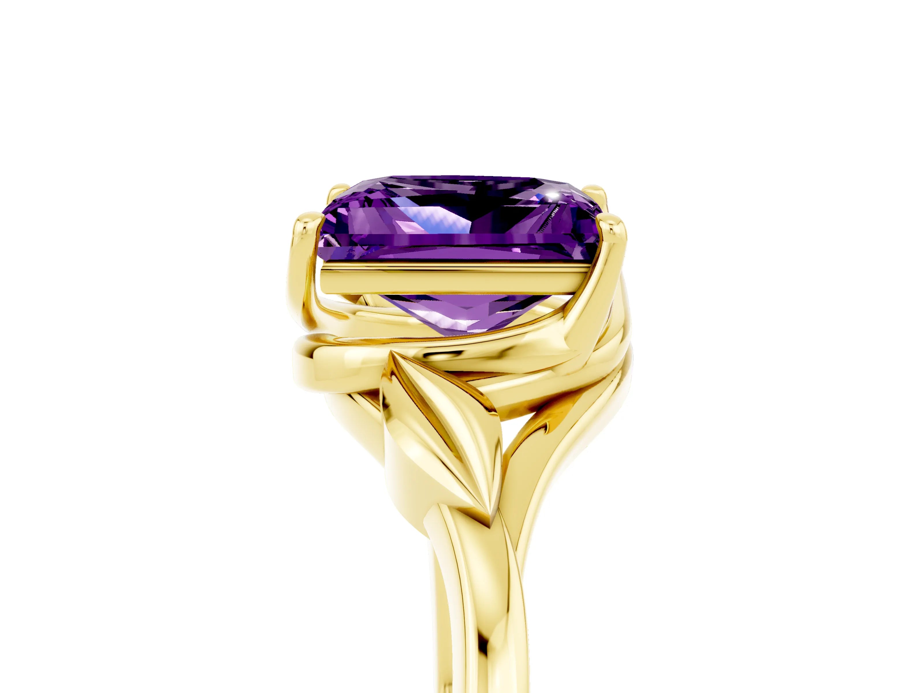 Yellow gold Princess Cut Amethyst Solitaire Ring with Twist Band and Four-Prong Setting_29