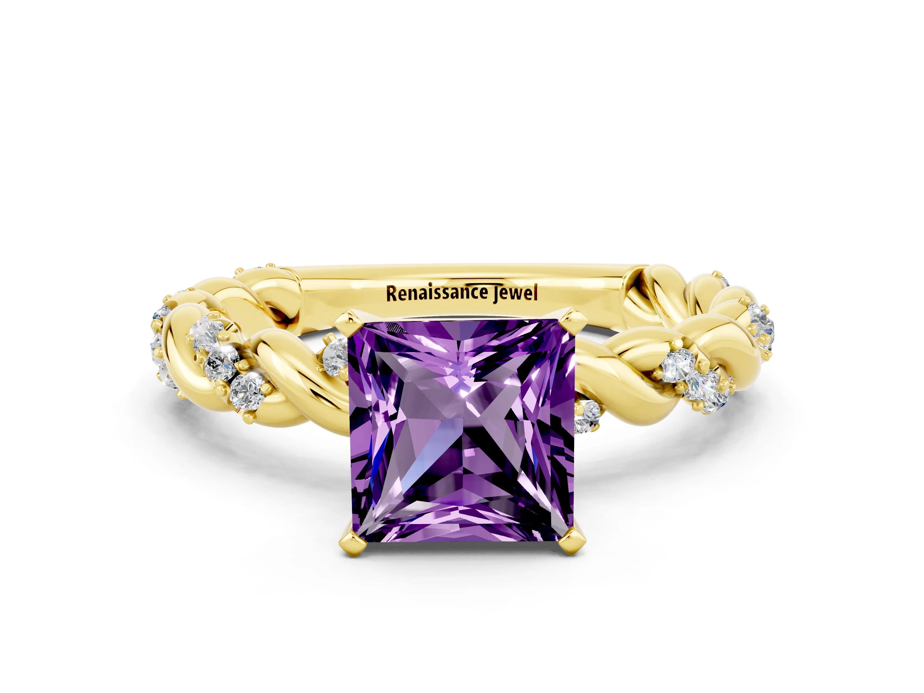 Yellow gold Princess Cut Amethyst Solitaire Ring with Twisted Band and Pavé Accents