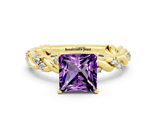 Yellow gold Princess Cut Amethyst Solitaire Ring with Twisted Band and Pavé Accents