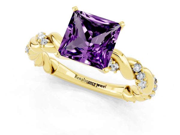 Yellow gold Princess Cut Amethyst Solitaire Ring with Twisted Band and Pavé Accents