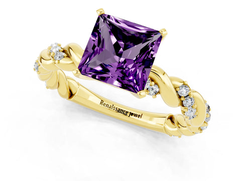 Yellow gold Princess Cut Amethyst Solitaire Ring with Twisted Band and Pavé Accents_1