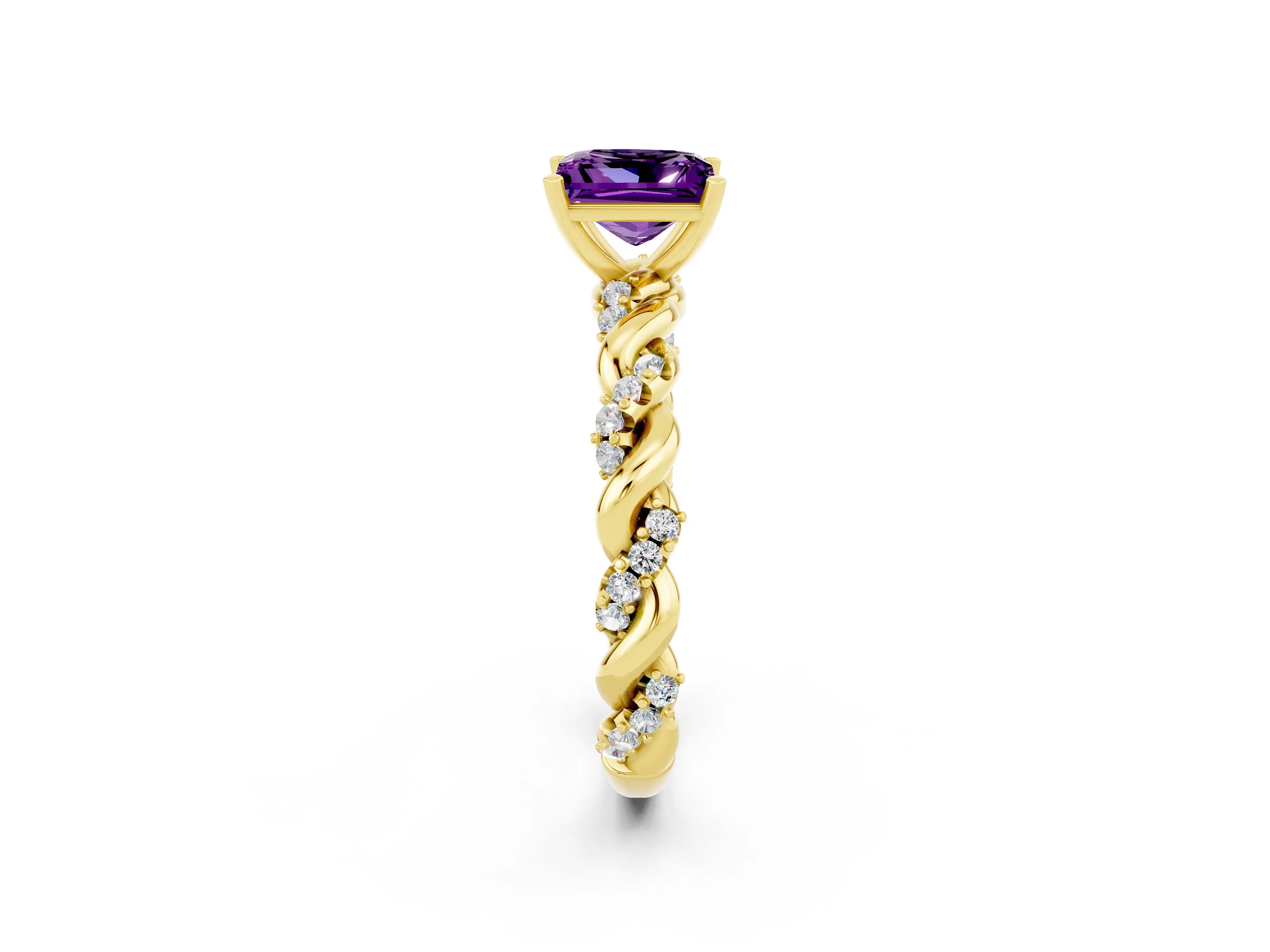Yellow gold Princess Cut Amethyst Solitaire Ring with Twisted Band and Pavé Accents_2
