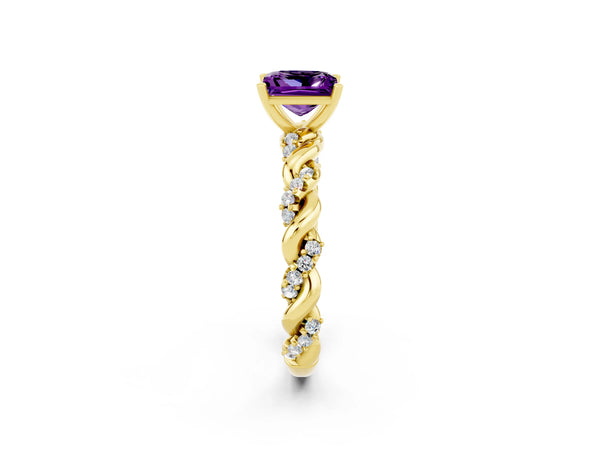 Yellow gold Princess Cut Amethyst Solitaire Ring with Twisted Band and Pavé Accents