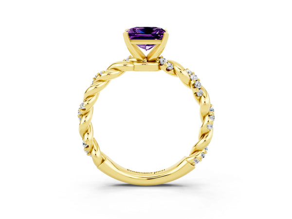 Yellow gold Princess Cut Amethyst Solitaire Ring with Twisted Band and Pavé Accents