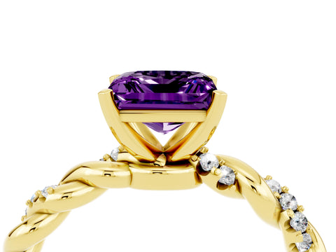Yellow gold Princess Cut Amethyst Solitaire Ring with Twisted Band and Pavé Accents_4