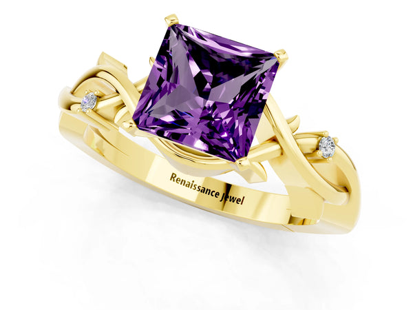 Yellow gold Princess Cut Amethyst Solitaire Ring with Twisted Band and Prong Setting