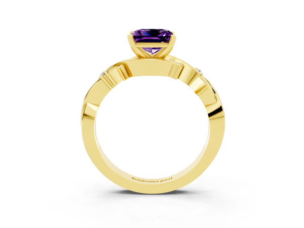 Yellow gold Princess Cut Amethyst Solitaire Ring with Twisted Band and Prong Setting
