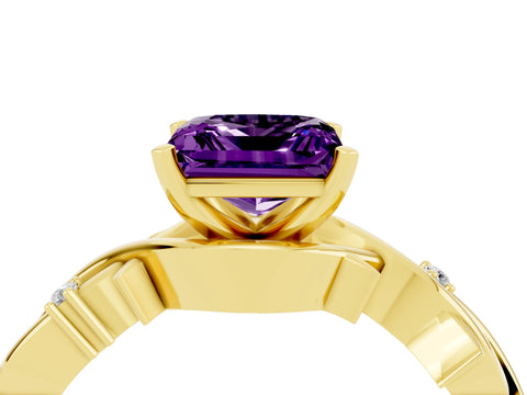 Yellow gold Princess Cut Amethyst Solitaire Ring with Twisted Band and Prong Setting_4