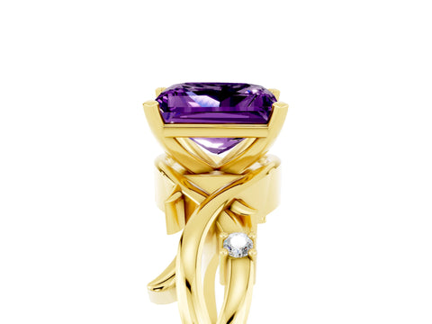 Yellow gold Princess Cut Amethyst Solitaire Ring with Twisted Band and Prong Setting_5