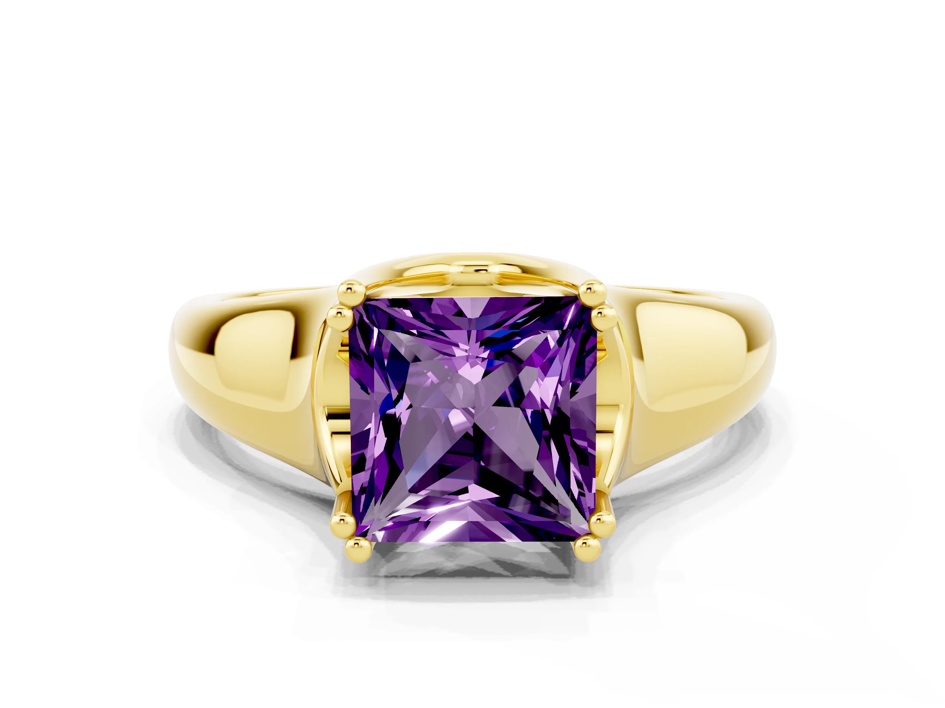 Yellow gold Princess Cut Amethyst Solitaire Ring with Wide Band and Prong Setting