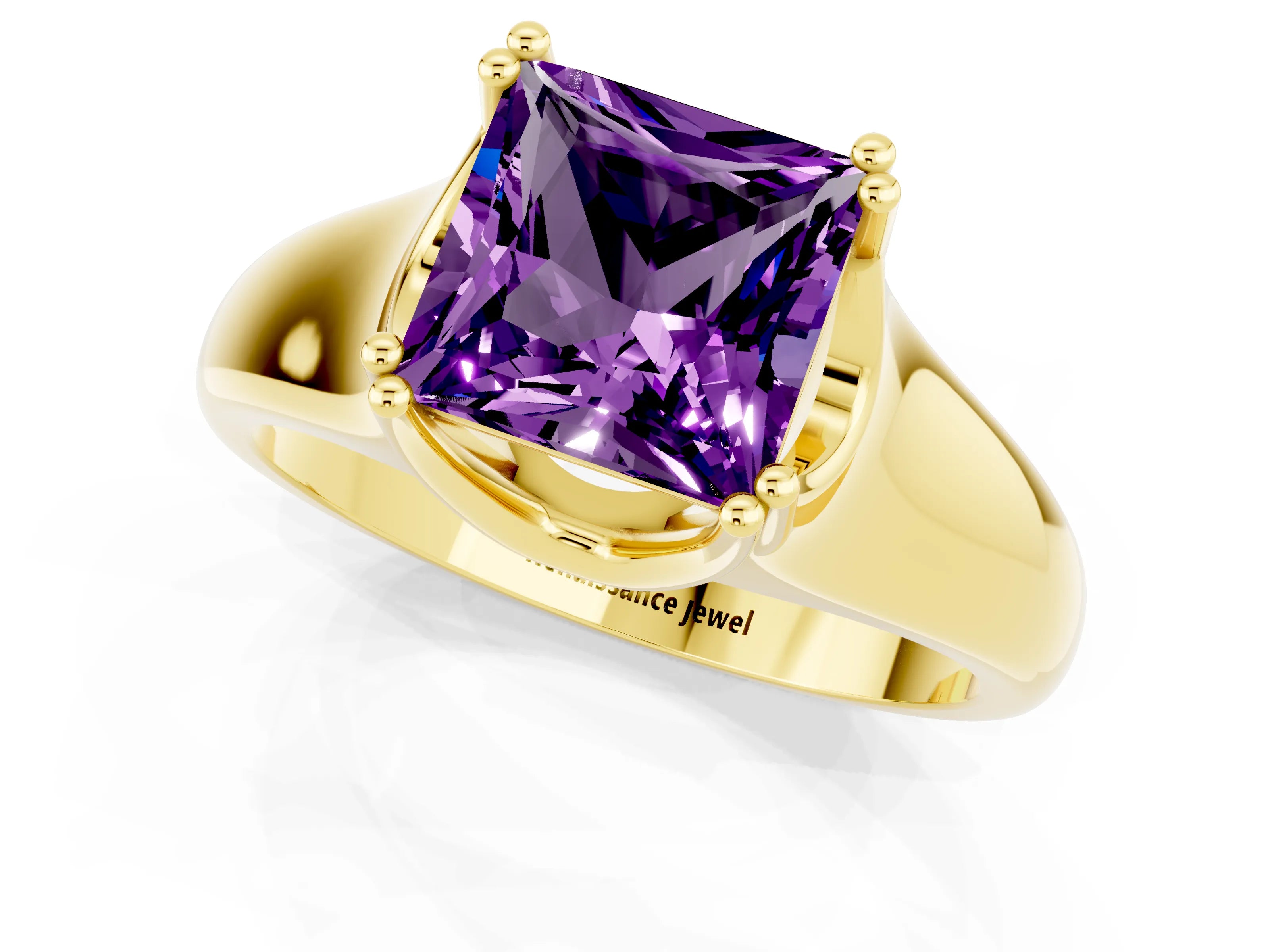 Yellow gold Princess Cut Amethyst Solitaire Ring with Wide Band and Prong Setting_1